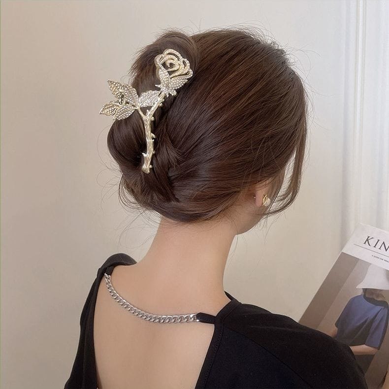 Chic Crystal Pearl Inlaid Rose Chignon Claw Clip Hair Clip - ArtGalleryZen