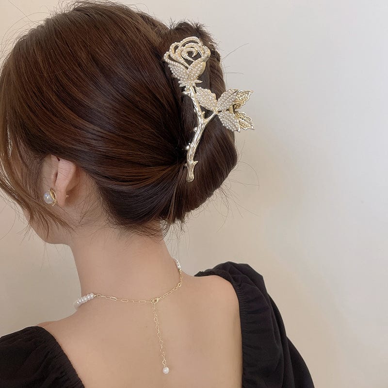 Chic Crystal Pearl Inlaid Rose Chignon Claw Clip Hair Clip - ArtGalleryZen