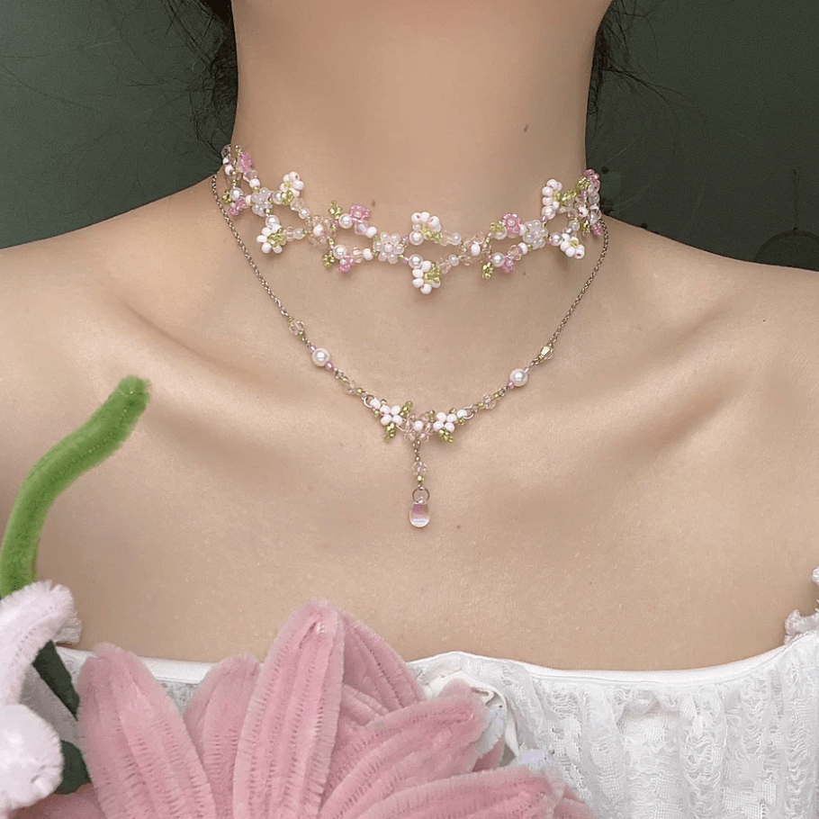 Chic Crystal Pendant Floral Seed Beaded Chain Choker Necklace - ArtGalleryZen