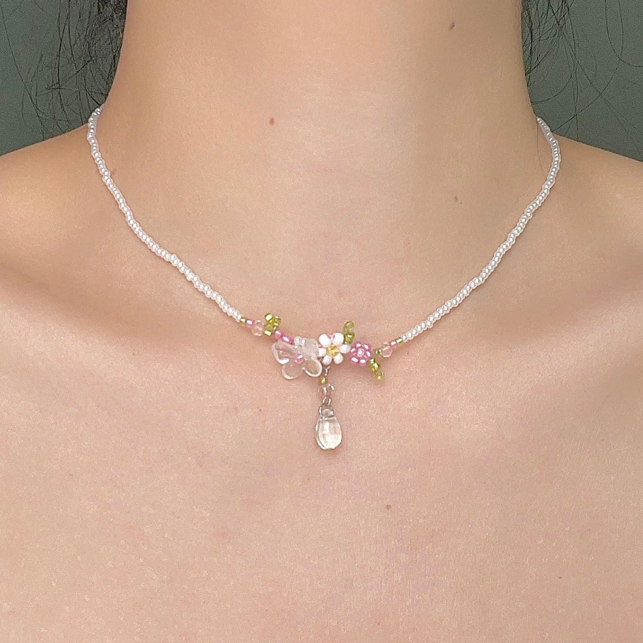 Chic Crystal Pendant Floral Seed Beaded Chain Choker Necklace - ArtGalleryZen