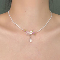 Thumbnail for Chic Crystal Pendant Floral Seed Beaded Chain Choker Necklace - ArtGalleryZen