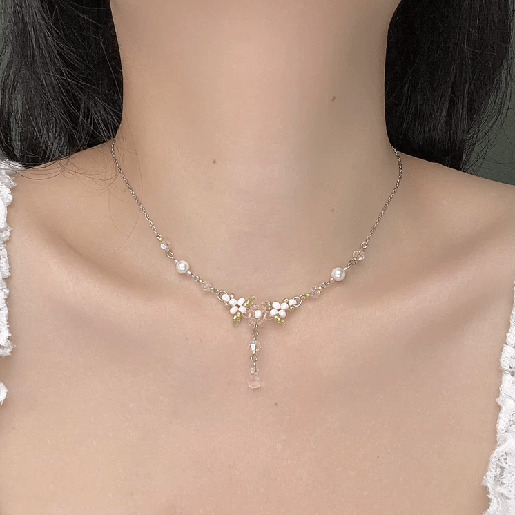 Chic Crystal Pendant Floral Seed Beaded Chain Choker Necklace - ArtGalleryZen