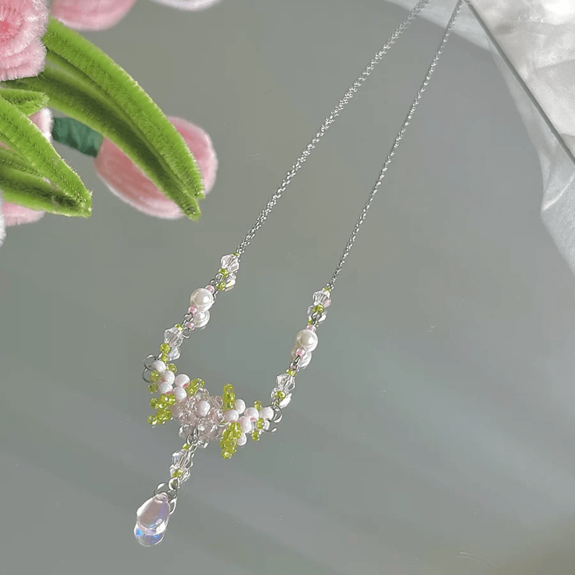 Chic Crystal Pendant Floral Seed Beaded Chain Choker Necklace - ArtGalleryZen