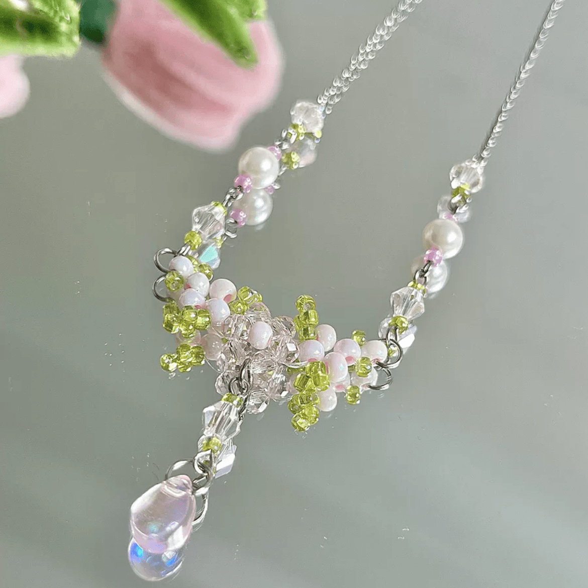 Chic Crystal Pendant Floral Seed Beaded Chain Choker Necklace