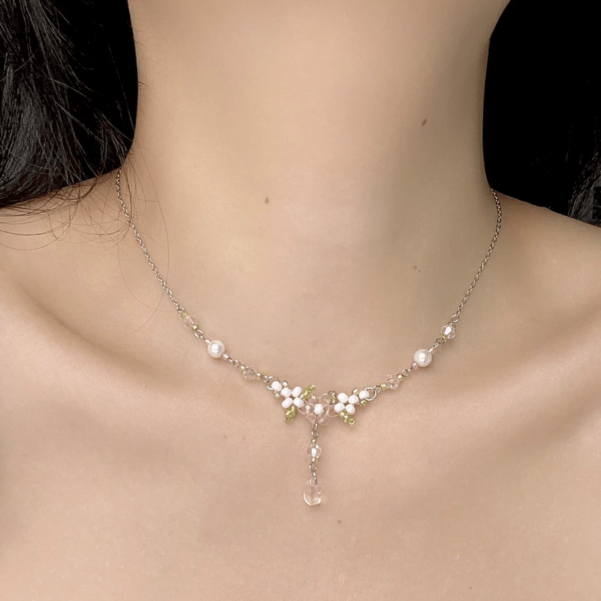 Chic Crystal Pendant Floral Seed Beaded Chain Choker Necklace