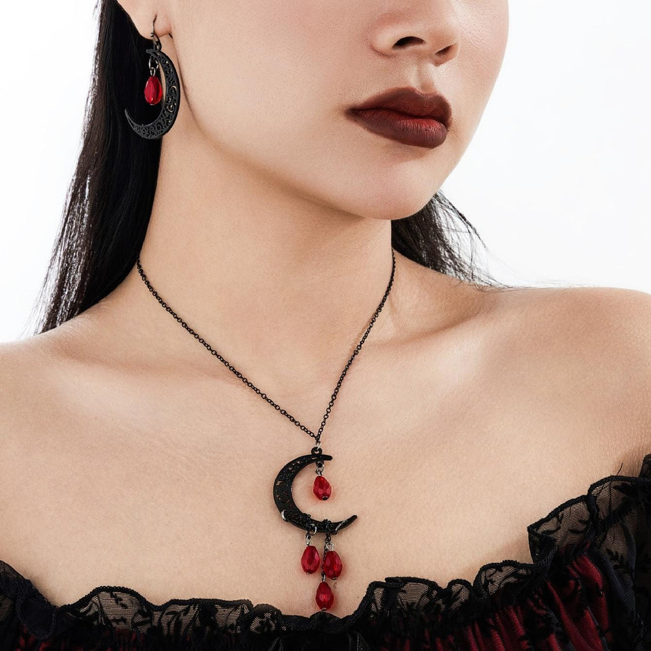 Chic Crystal Tassel Moon Charm Necklace Earrings Set - ArtGalleryZen