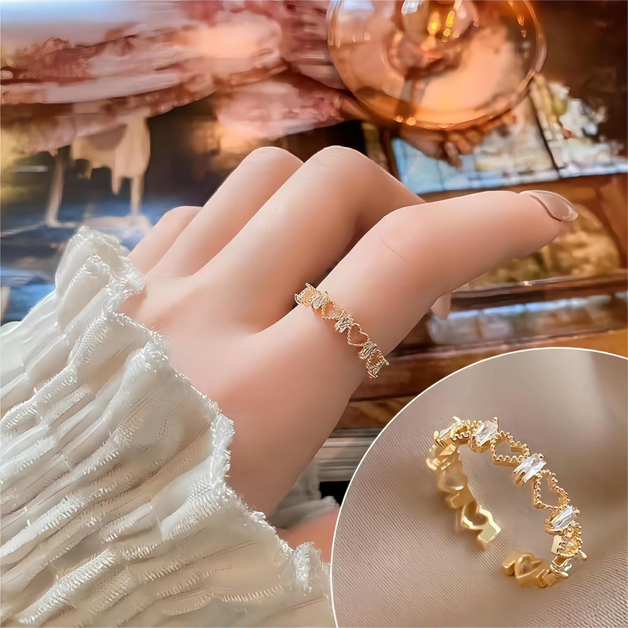 Chic CZ Inlaid Adjustable Hollowed-out Heart Ring - ArtGalleryZen