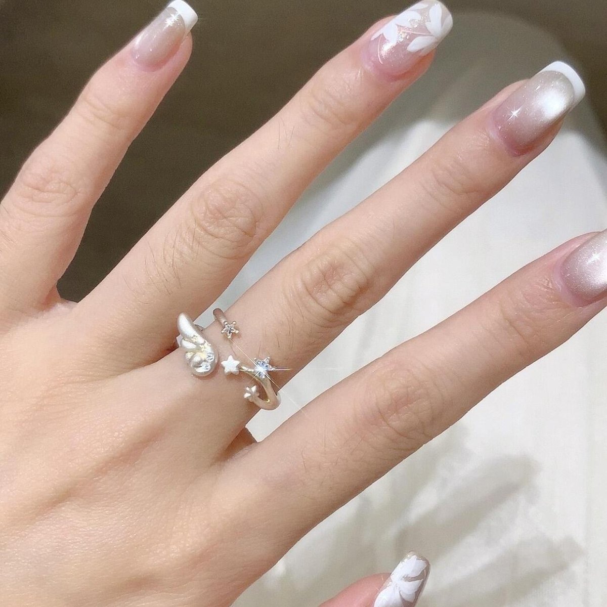 Chic CZ Inlaid Angel Wing Star Open Ring - ArtGalleryZen