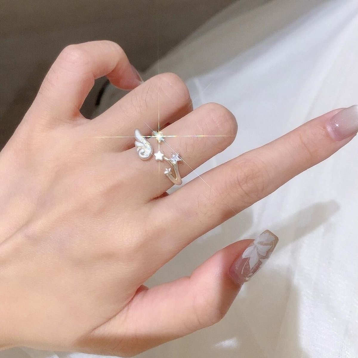 Chic CZ Inlaid Angel Wing Star Open Ring - ArtGalleryZen