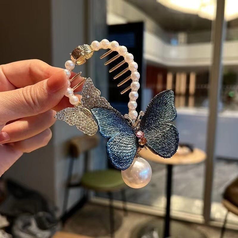 Chic CZ Inlaid Butterfly Pearl Chignon Hair Claw Clip - ArtGalleryZen