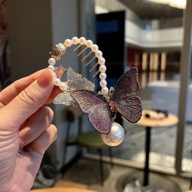 Chic CZ Inlaid Butterfly Pearl Chignon Hair Claw Clip - ArtGalleryZen