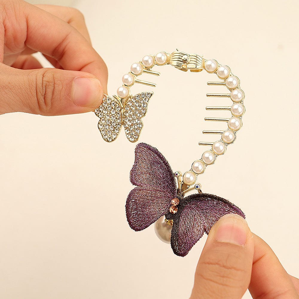 Chic CZ Inlaid Butterfly Pearl Chignon Hair Claw Clip - ArtGalleryZen