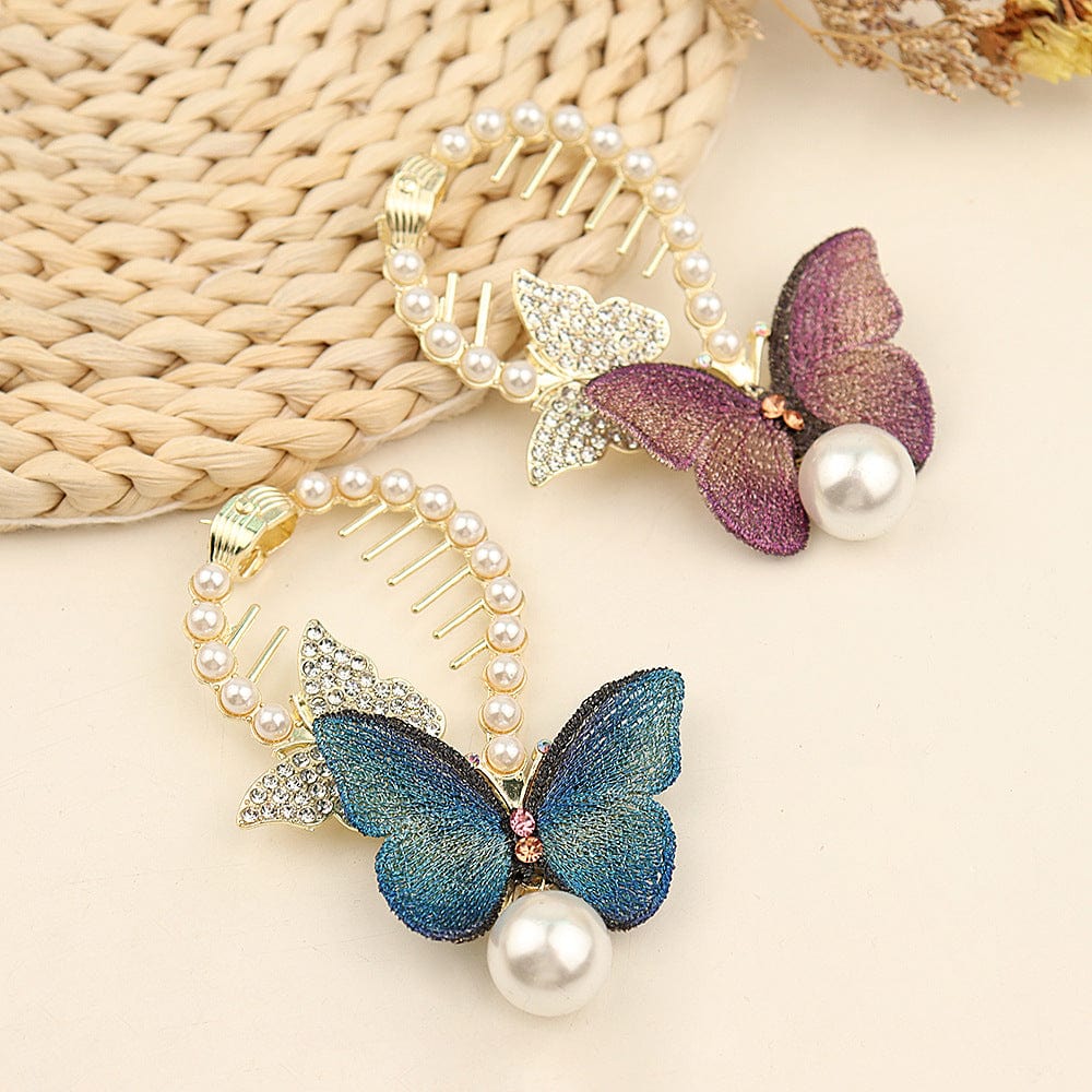 Chic CZ Inlaid Butterfly Pearl Chignon Hair Claw Clip - ArtGalleryZen