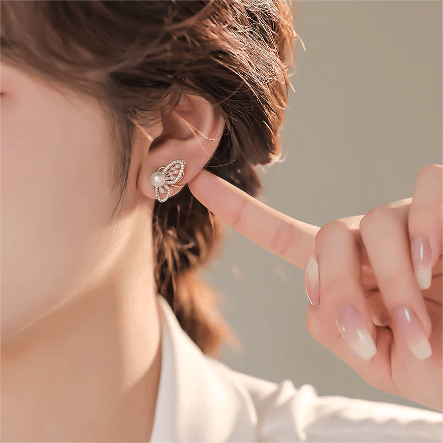 Chic CZ Inlaid Butterfly Pearl Earrings - ArtGalleryZen