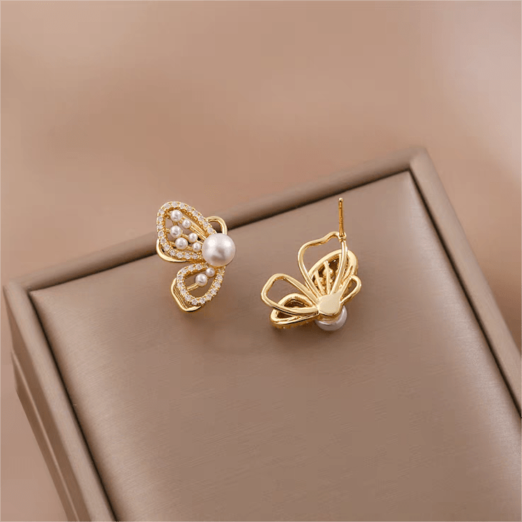 Chic CZ Inlaid Butterfly Pearl Earrings - ArtGalleryZen