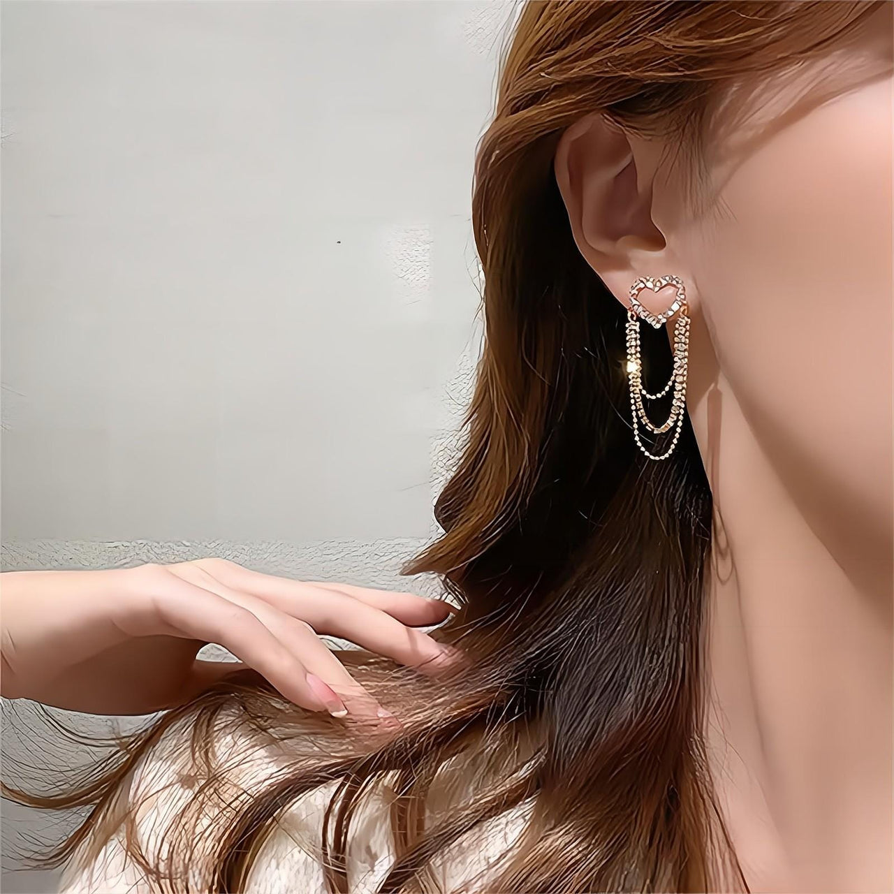 Chic CZ Inlaid Chain Tassel Heart Earrings - ArtGalleryZen