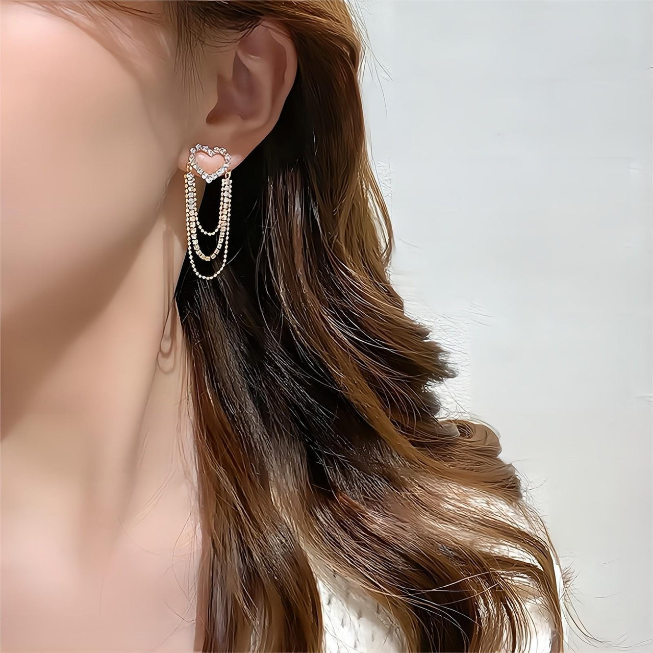 Chic CZ Inlaid Chain Tassel Heart Earrings - ArtGalleryZen