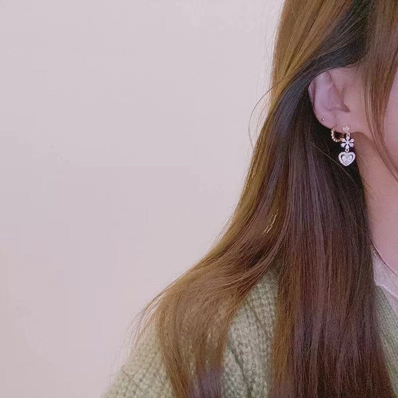 Chic CZ Inlaid Crystal Floral Heart Dangle Earrings - ArtGalleryZen