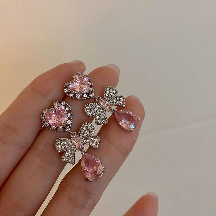 Chic CZ Inlaid Crystal Ribbon Heart Dangle Earrings - ArtGalleryZen