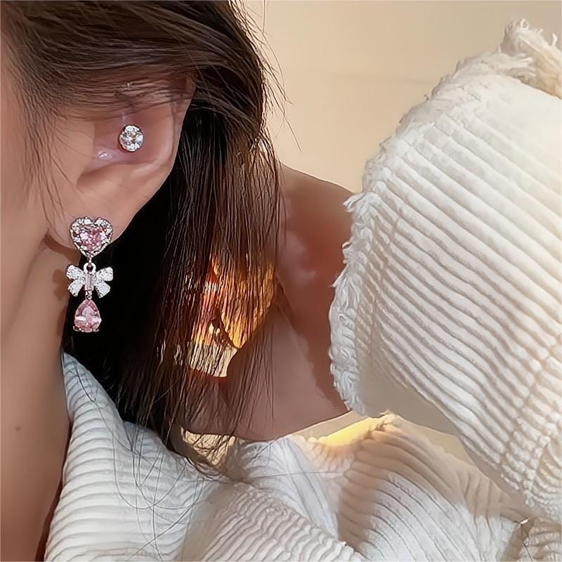 Chic CZ Inlaid Crystal Ribbon Heart Dangle Earrings - ArtGalleryZen