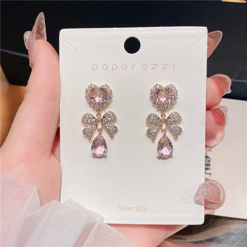 Chic CZ Inlaid Crystal Ribbon Heart Dangle Earrings - ArtGalleryZen