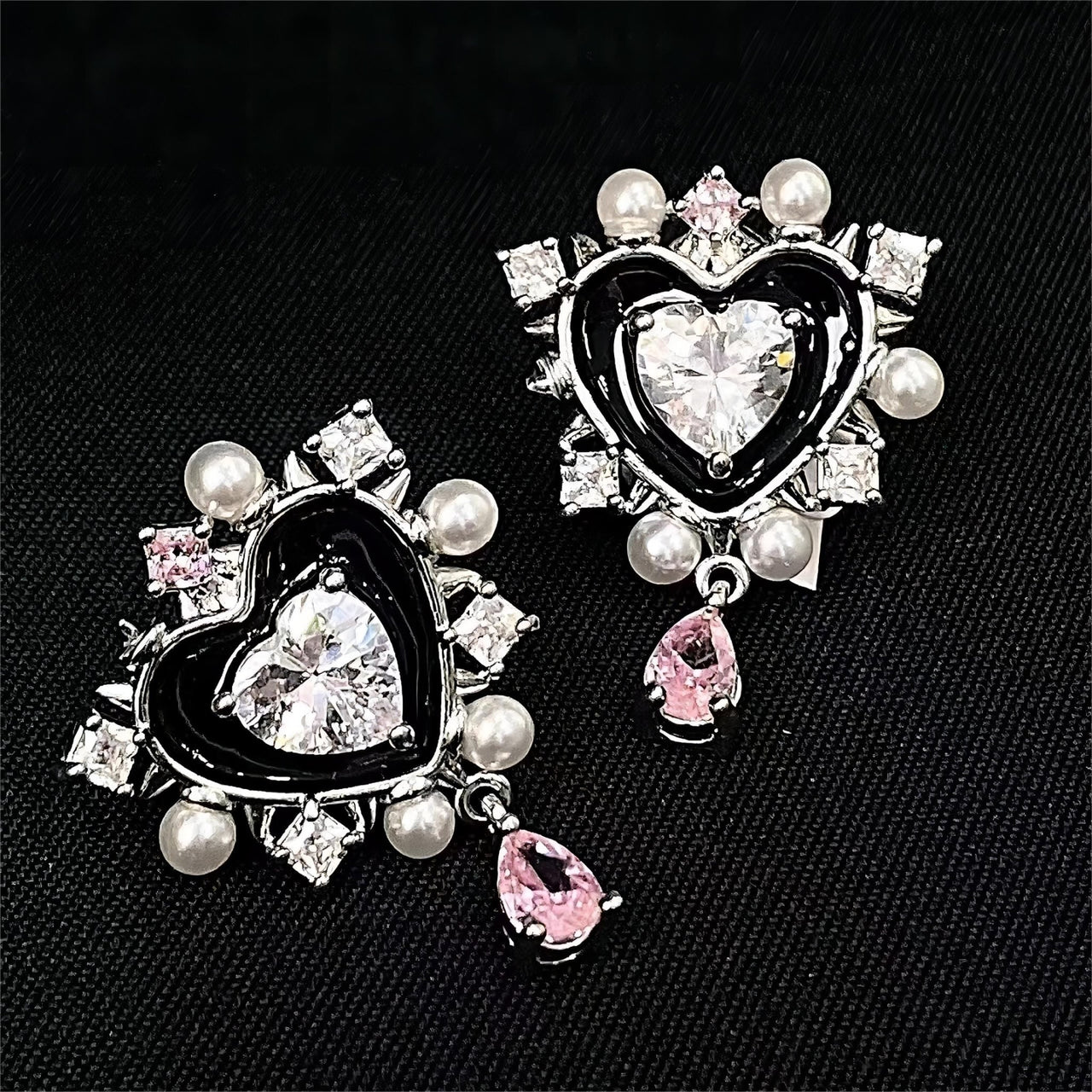 Chic CZ Inlaid Dangle Heart Pearl Earrings - ArtGalleryZen