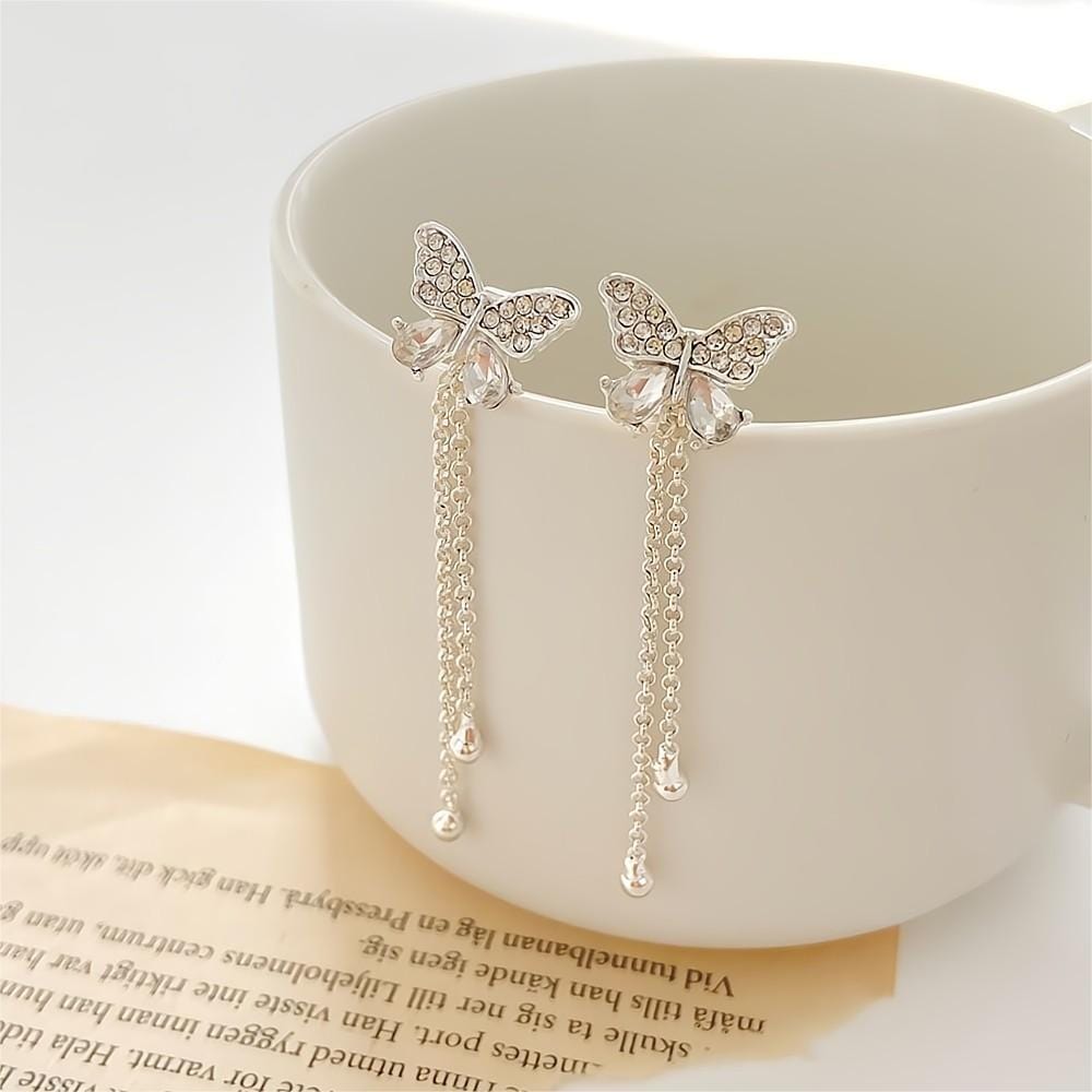 Chic CZ Inlaid Detachable Butterfly Tassel Earrings - ArtGalleryZen