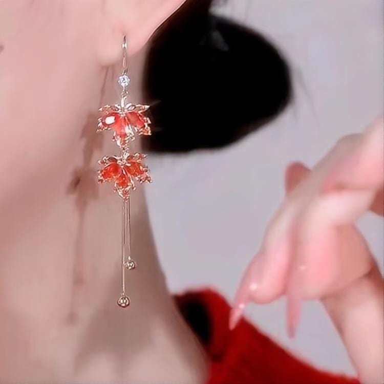 Chic CZ Inlaid Duo Maple Leaf Chain Tassel Earrings - ArtGalleryZen