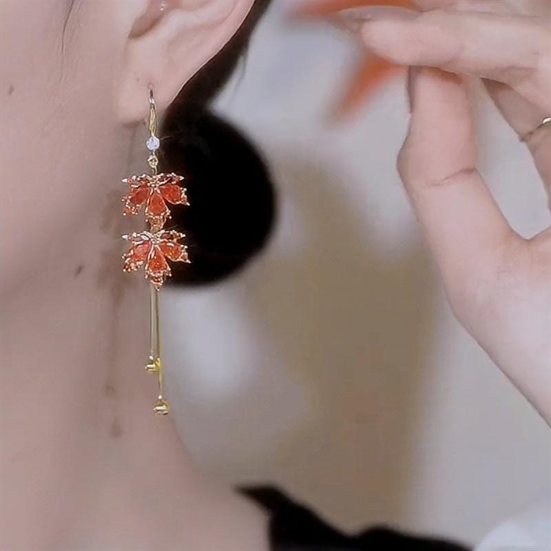 Chic CZ Inlaid Duo Maple Leaf Chain Tassel Earrings - ArtGalleryZen