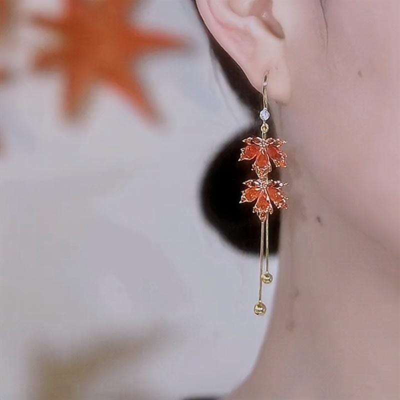 Chic CZ Inlaid Duo Maple Leaf Chain Tassel Earrings - ArtGalleryZen