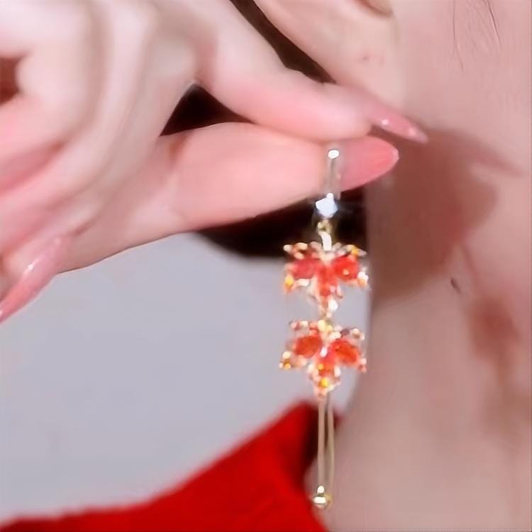 Chic CZ Inlaid Duo Maple Leaf Chain Tassel Earrings