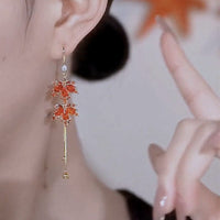 Thumbnail for Chic CZ Inlaid Duo Maple Leaf Chain Tassel Earrings