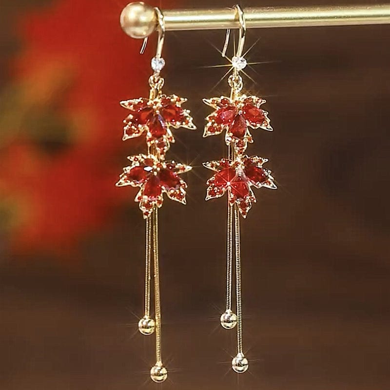 Chic CZ Inlaid Duo Maple Leaf Chain Tassel Earrings