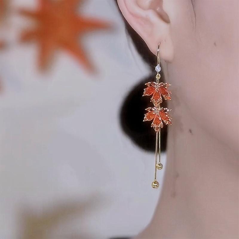 Chic CZ Inlaid Duo Maple Leaf Chain Tassel Earrings