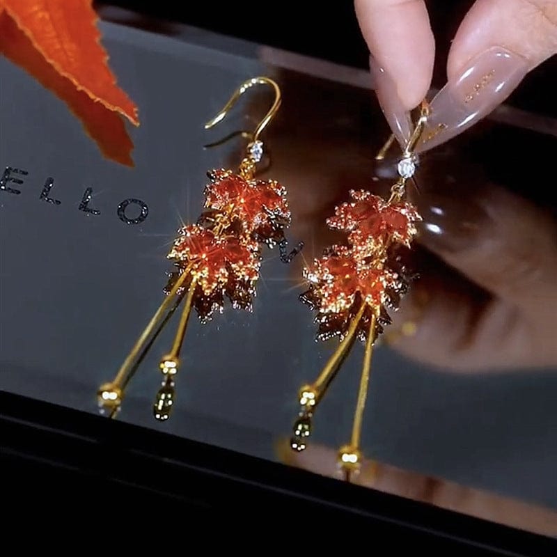 Chic CZ Inlaid Duo Maple Leaf Chain Tassel Earrings