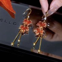 Thumbnail for Chic CZ Inlaid Duo Maple Leaf Chain Tassel Earrings