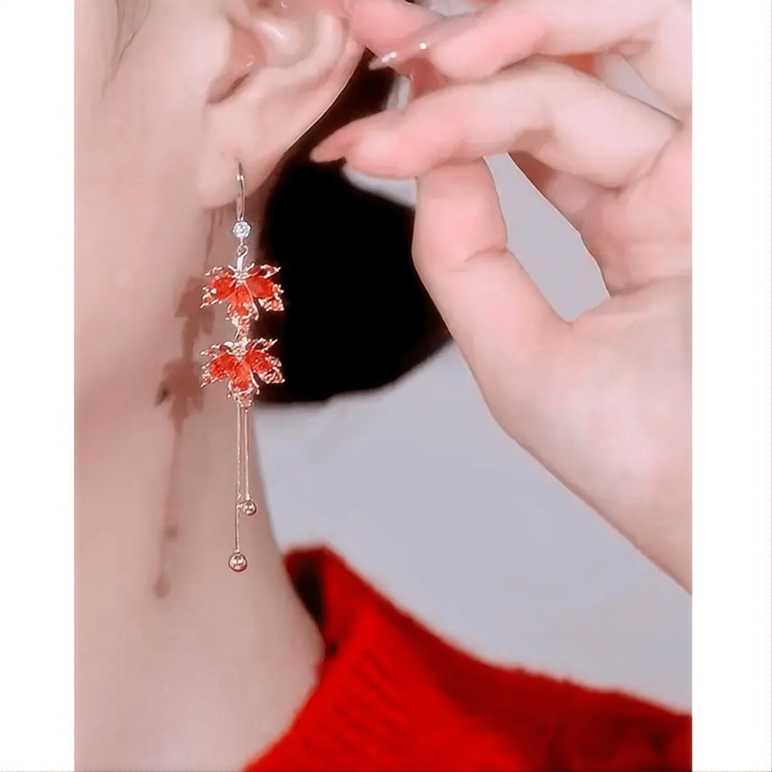 Chic CZ Inlaid Duo Maple Leaf Chain Tassel Earrings