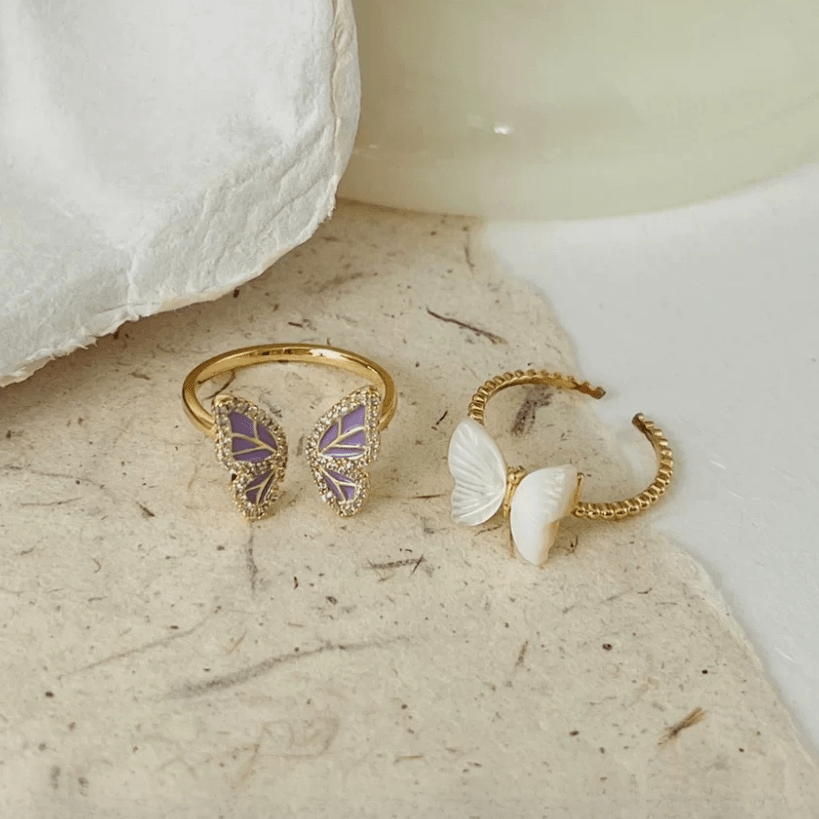 Chic CZ Inlaid Enamel Butterfly Fritillaria Open Ring - ArtGalleryZen