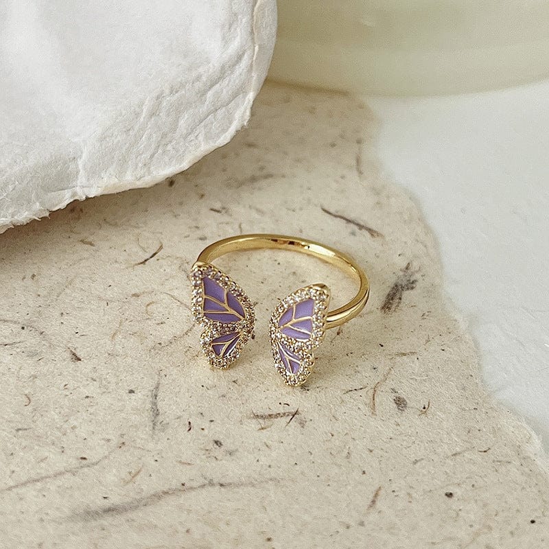 Chic CZ Inlaid Enamel Butterfly Fritillaria Open Ring