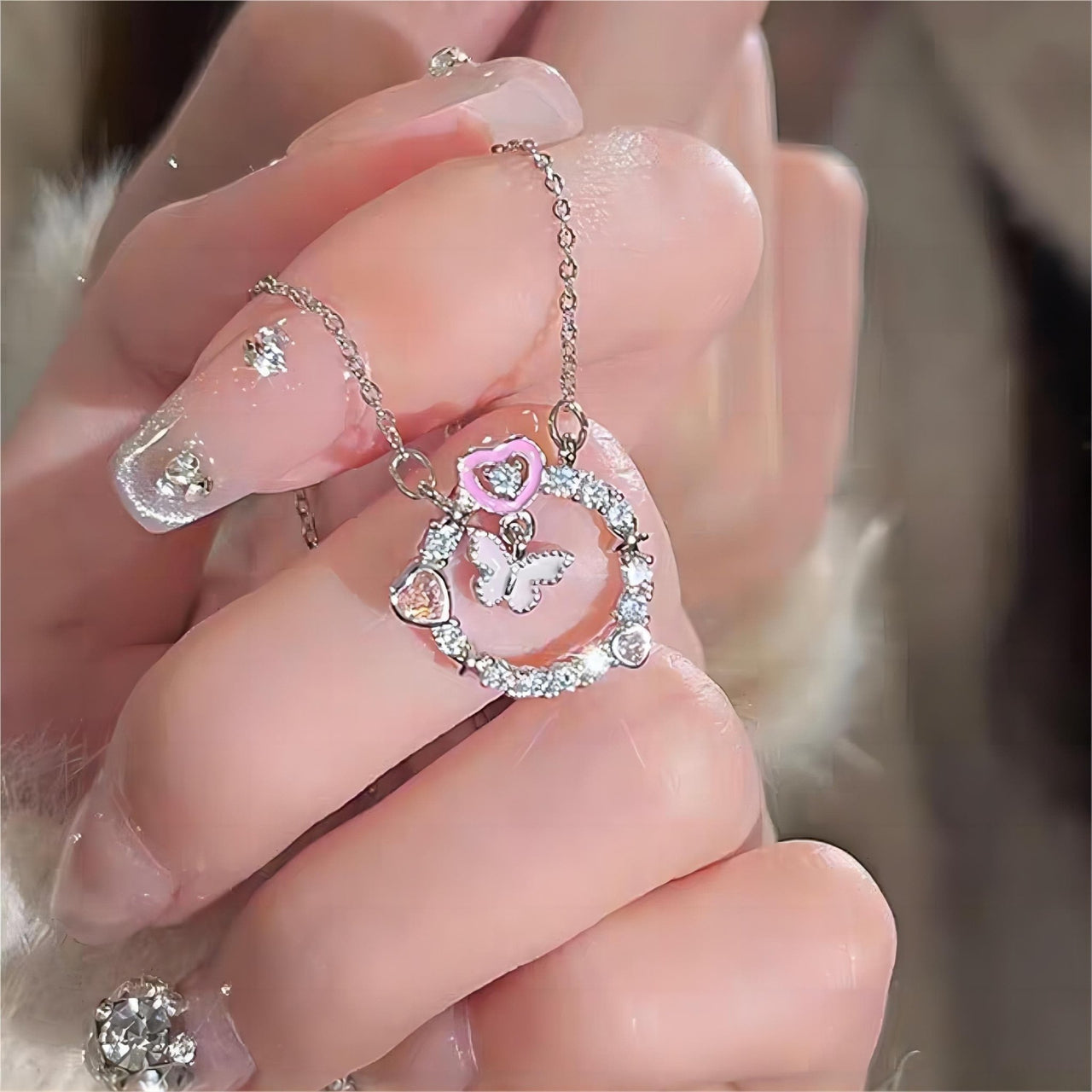 Chic CZ Inlaid Enamel Butterfly Heart Ring Necklace - ArtGalleryZen