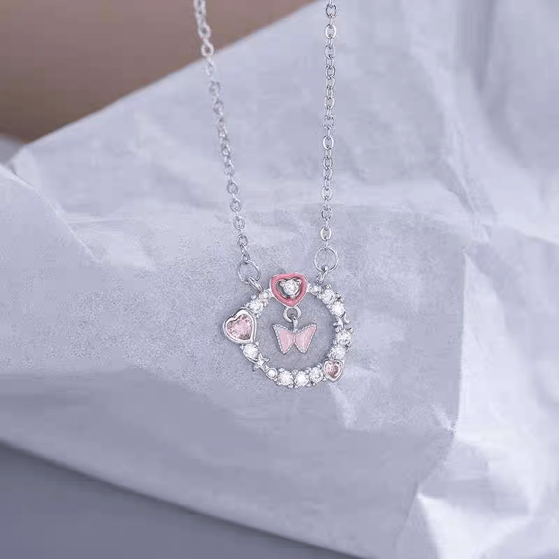 Chic CZ Inlaid Enamel Butterfly Heart Ring Necklace - ArtGalleryZen