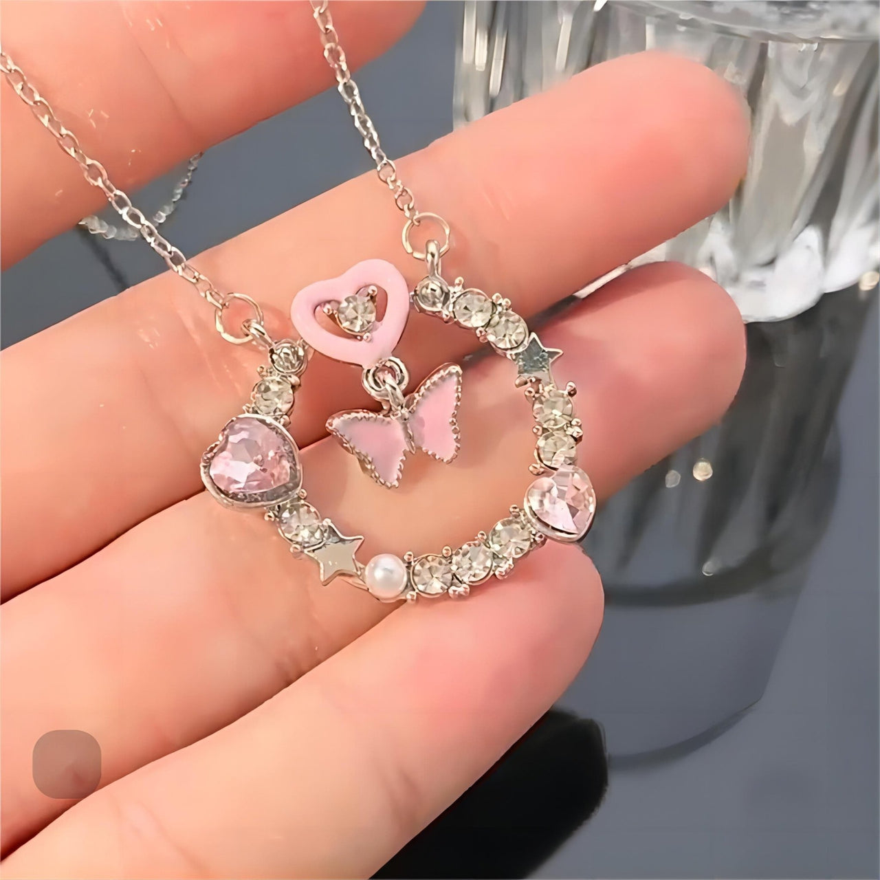 Chic CZ Inlaid Enamel Butterfly Heart Ring Necklace - ArtGalleryZen