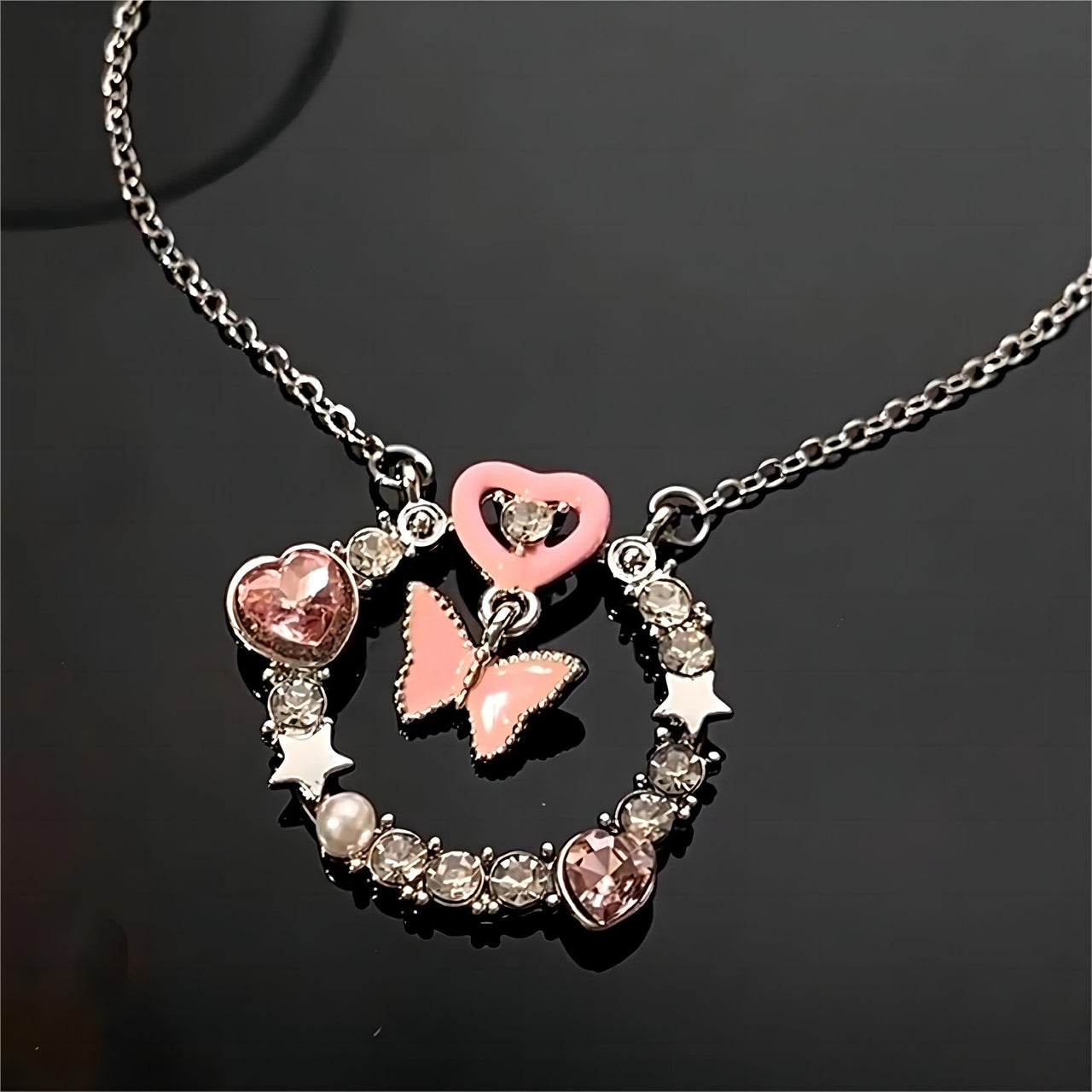 Chic CZ Inlaid Enamel Butterfly Heart Ring Necklace - ArtGalleryZen