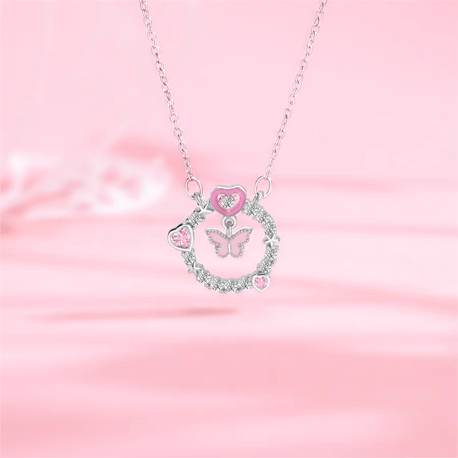 Chic CZ Inlaid Enamel Butterfly Heart Ring Necklace - ArtGalleryZen
