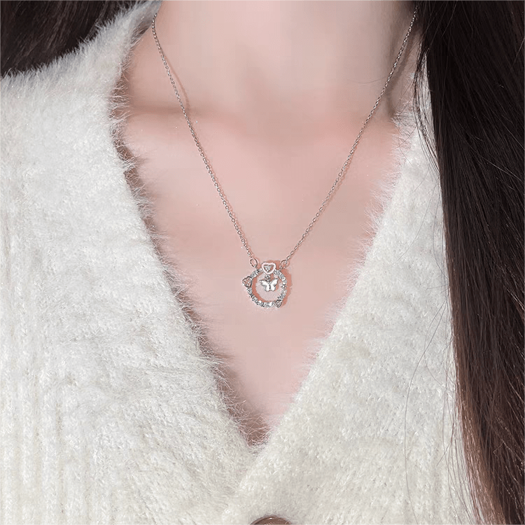Chic CZ Inlaid Enamel Butterfly Heart Ring Necklace - ArtGalleryZen