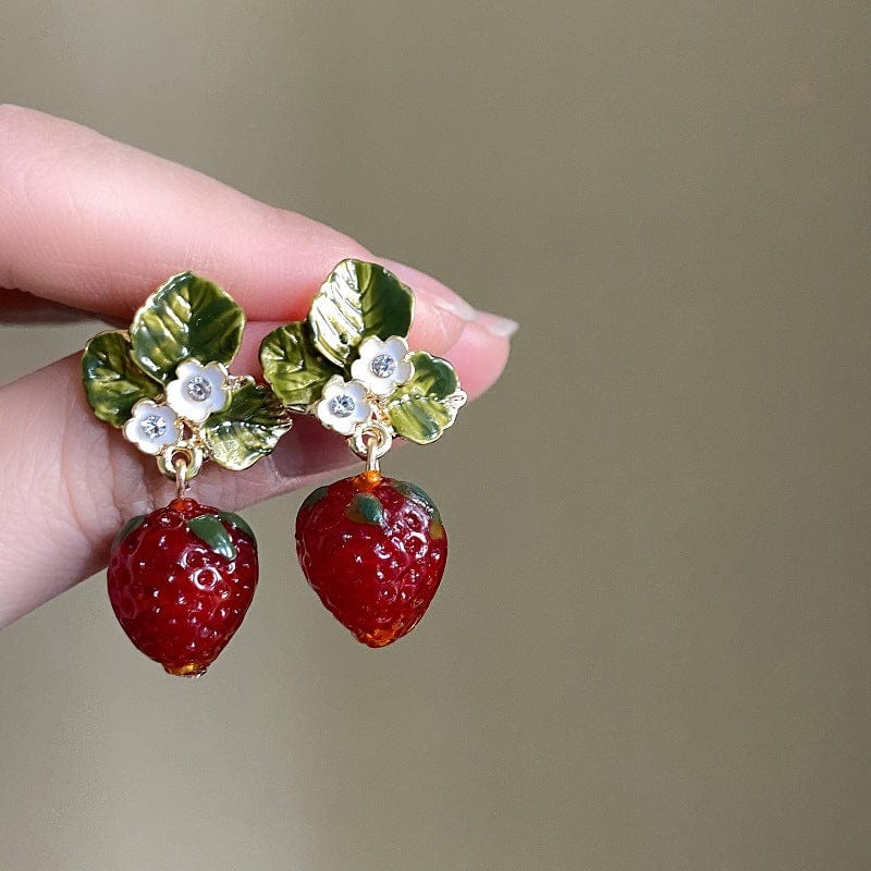 Chic CZ Inlaid Enamel Leaf Strawberry Dangle Earrings - ArtGalleryZen