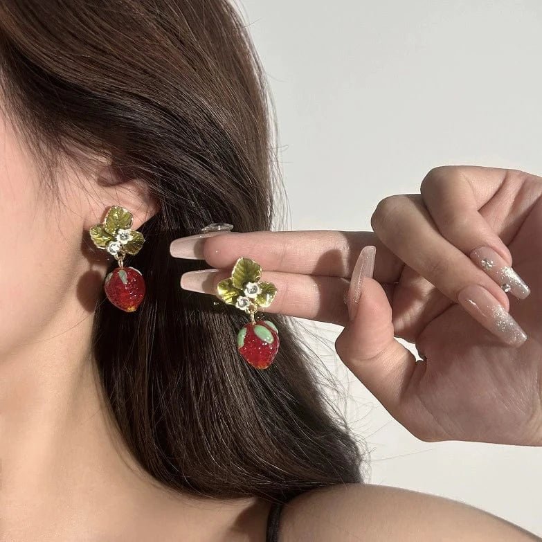 Chic CZ Inlaid Enamel Leaf Strawberry Dangle Earrings - ArtGalleryZen