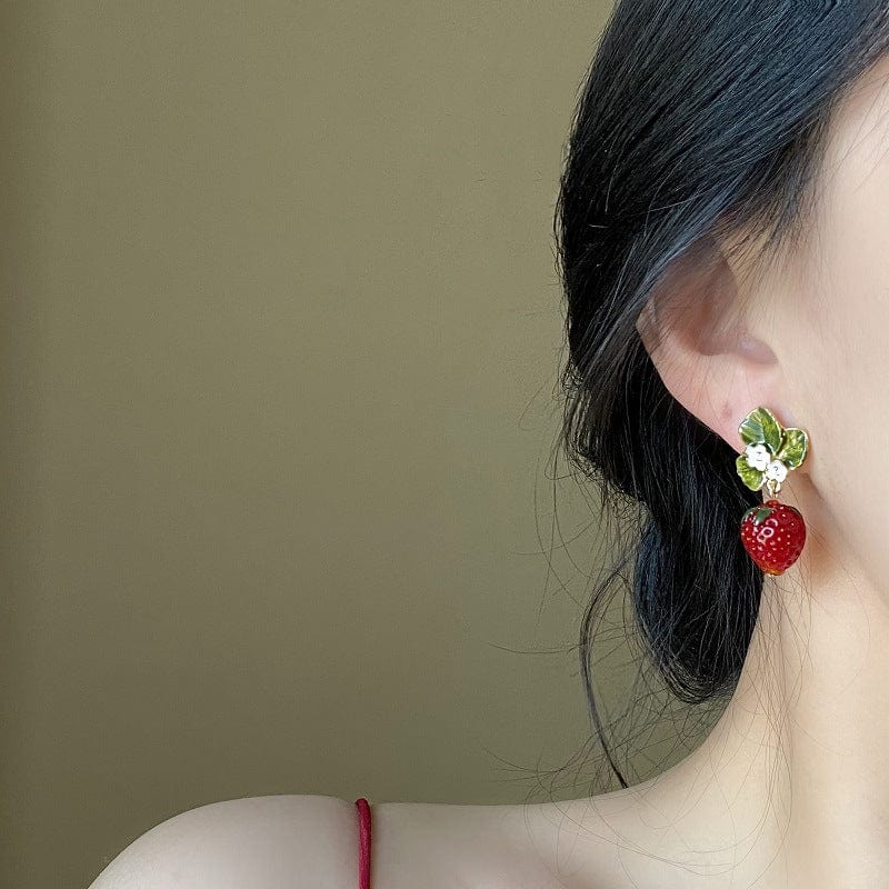 Chic CZ Inlaid Enamel Leaf Strawberry Dangle Earrings - ArtGalleryZen