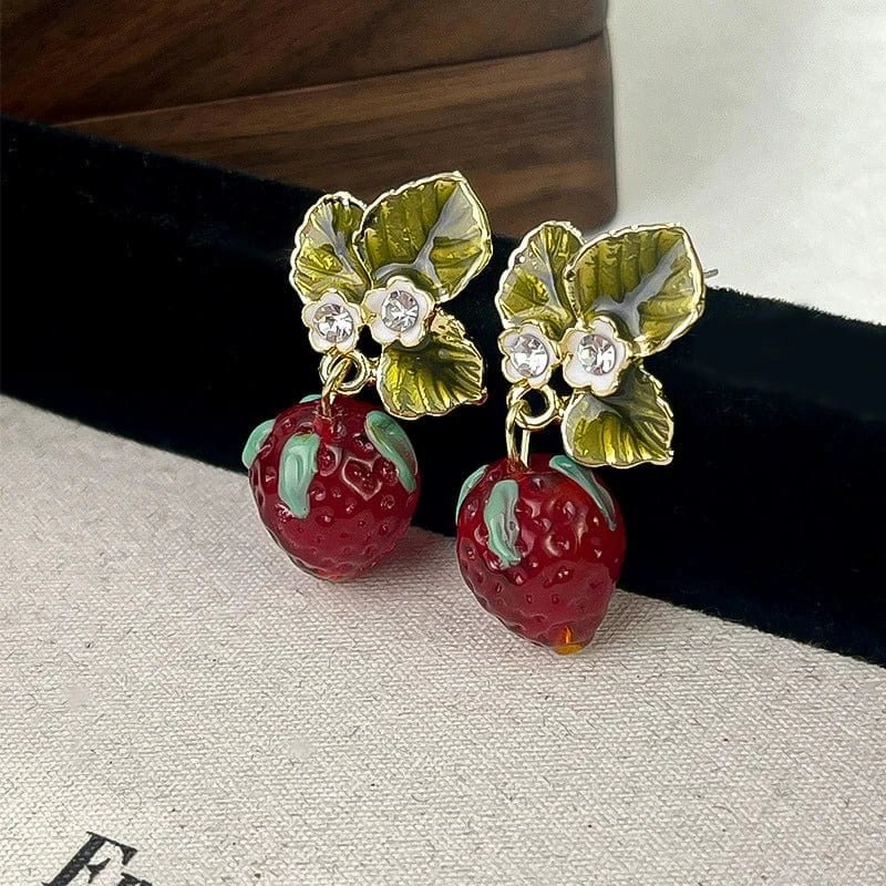 Chic CZ Inlaid Enamel Leaf Strawberry Dangle Earrings - ArtGalleryZen