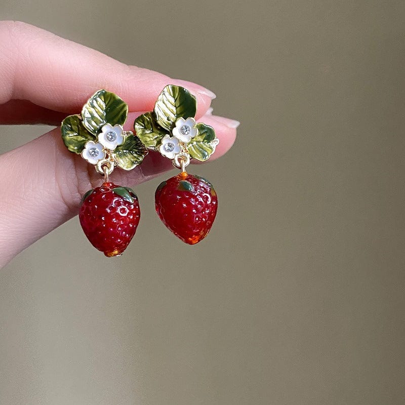 Chic CZ Inlaid Enamel Leaf Strawberry Dangle Earrings - ArtGalleryZen
